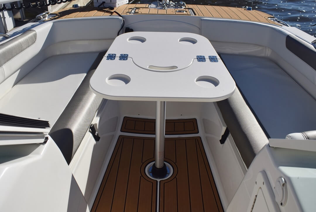 Bow seating on a boat with table installed