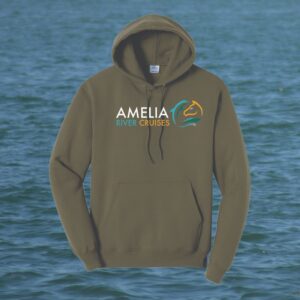 Hoodie in olive green with amelia river cruises logo